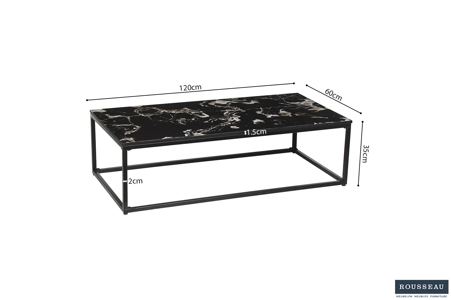 Salontafel Zwart Marmer Minimalistisch: rechthoekige zwarte marmeren salontafel met metalen frame. Afmetingen: 120 x 60 x 35,5 cm, binnenhoogte 11,5 cm, diepte 20 cm. Rousseau-logo rechtsonder.