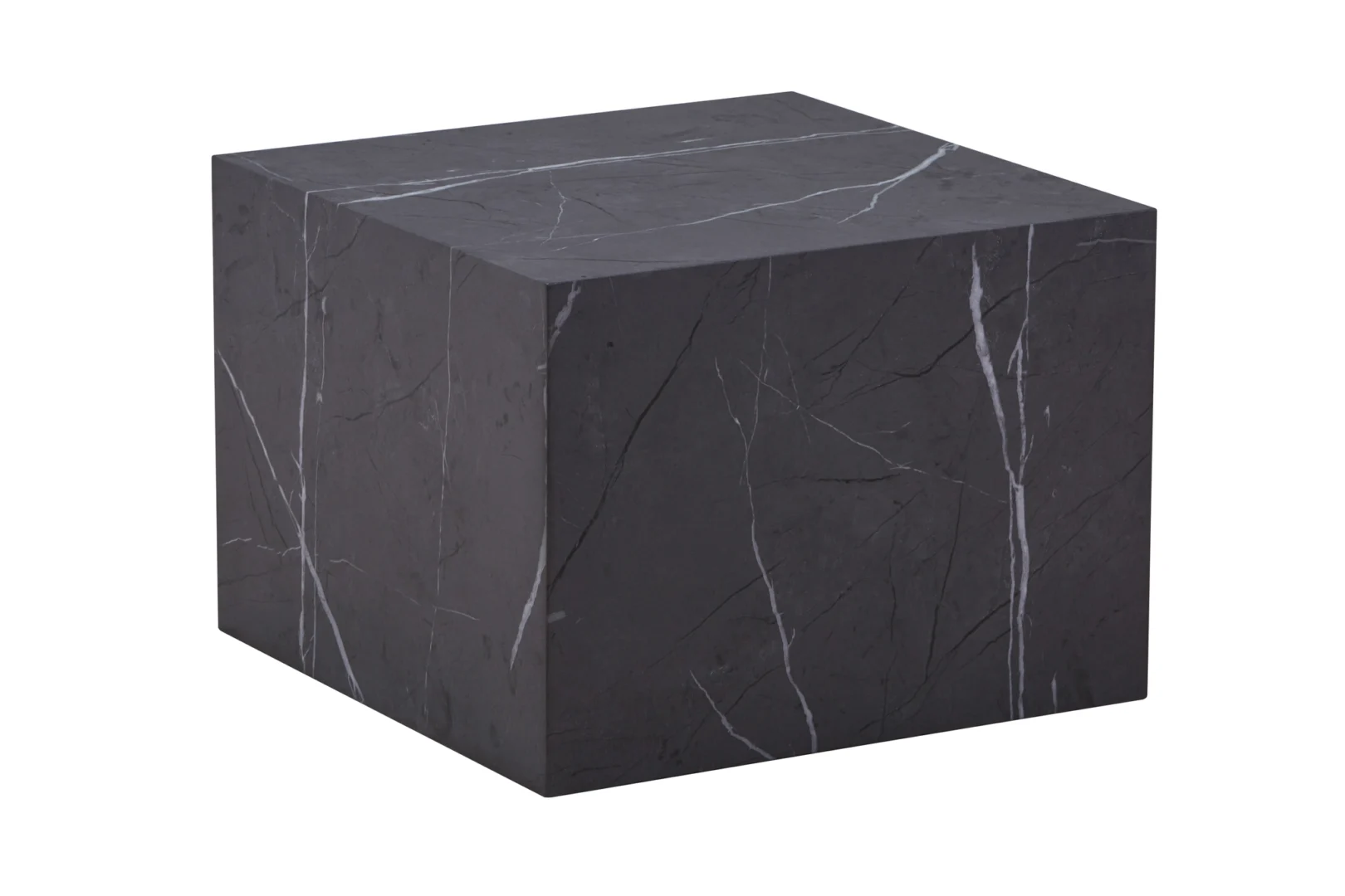 De Bijzettafel Grijs MDF Minimalistisch is een grijze, minimalistische kubusvormige bijzettafel met gladde, scherpe randen en een strakke, gepolijste afwerking, weergegeven tegen een witte achtergrond.