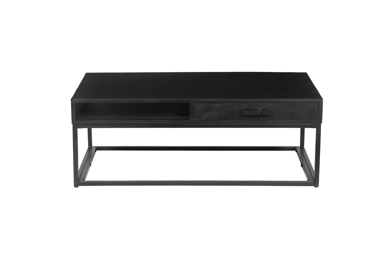 De Salontafel Zwart Mangohout is een moderne zwart metalen salontafel met een rechthoekig blad, een open plank, een lade en een minimalistisch open frame onderstel.