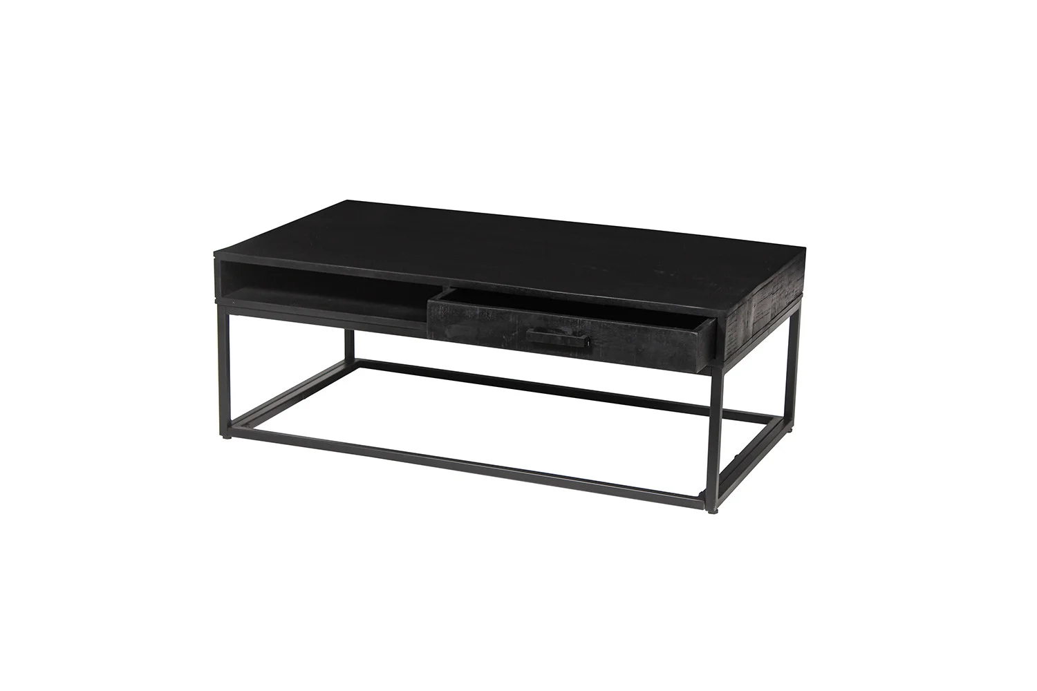 De Salontafel Zwart Mangohout is een moderne zwarte rechthoekige salontafel met een metalen frame, een enkele lade en een open plank onder het tafelblad, weergegeven op een witte achtergrond.