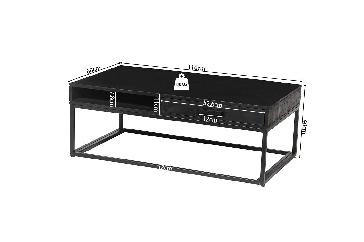 Salontafel Zwart Mangohout: rechthoekige zwarte koffietafel met open plank (78x11cm), lade (52,6x12cm), afmetingen 110x60x40cm, max. draagvermogen 80kg.