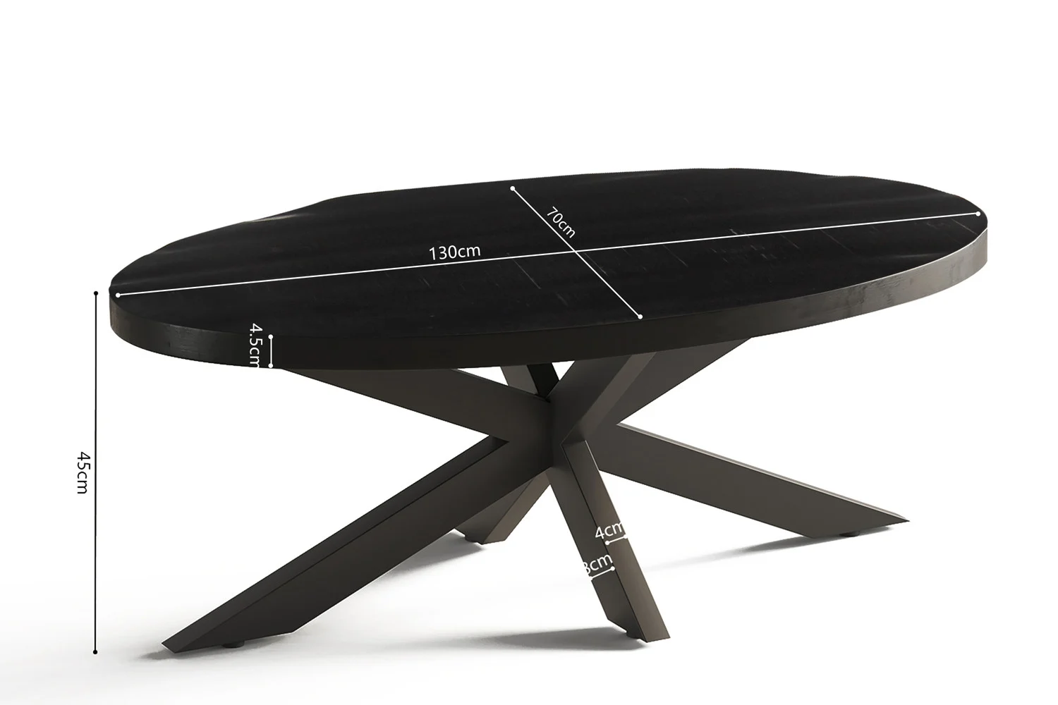 De Salontafel Zwart Ovaal Mangohout is een zwarte ovale tafel met een 4,5 cm dik blad, moderne gekruiste poten die een hoekige geometrische basis vormen. Afmetingen: 130cm breed, 170cm lang en 75cm hoog.