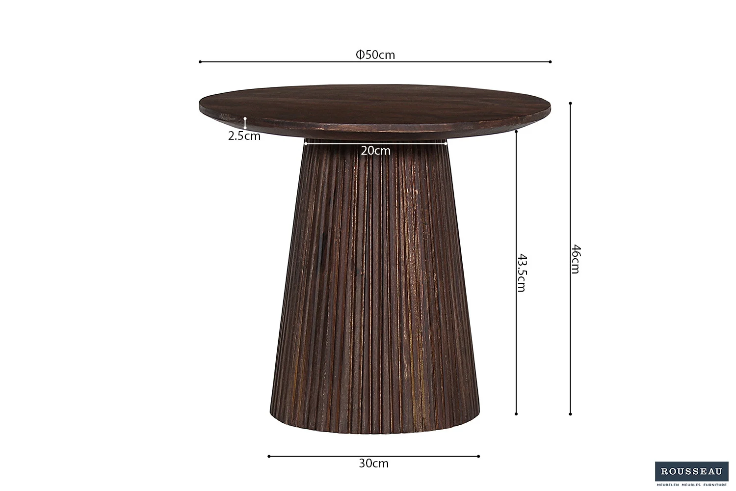 De Salontafel 50 CM Rond Mangohout Modern is een ronde houten bijzettafel, 50cm in diameter en 46cm hoog, met een 2,5cm dik blad op een geribbelde conische voet (30cm onder, 20cm boven diameter).