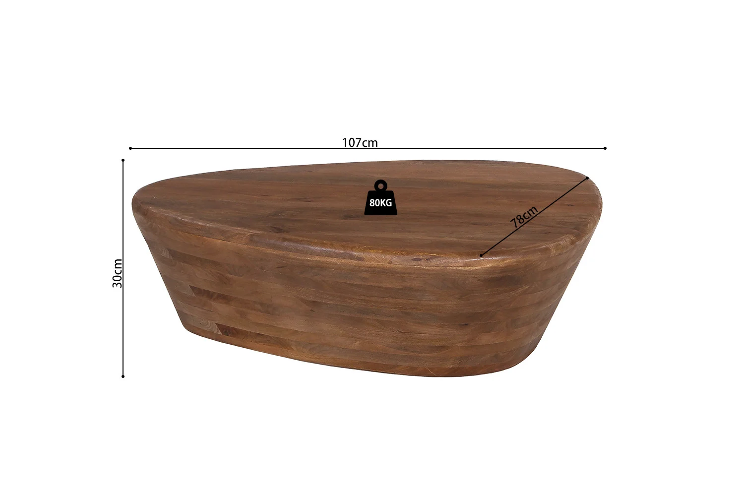 De Salontafel Mangohout Industrieel Modern is een houten, ovale salontafel van 107cm breed, 78cm diep en 30cm hoog, met een gewicht van 80kg.