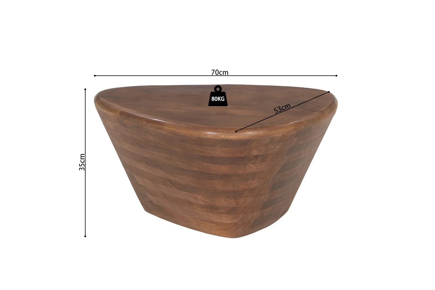 De Salontafel Mangohout Design Klassiek is een ovale houten salontafel van 70 cm breed, 53 cm diep en 35 cm hoog, weergegeven tegen een witte achtergrond met maatlijnen die de grootte benadrukken.