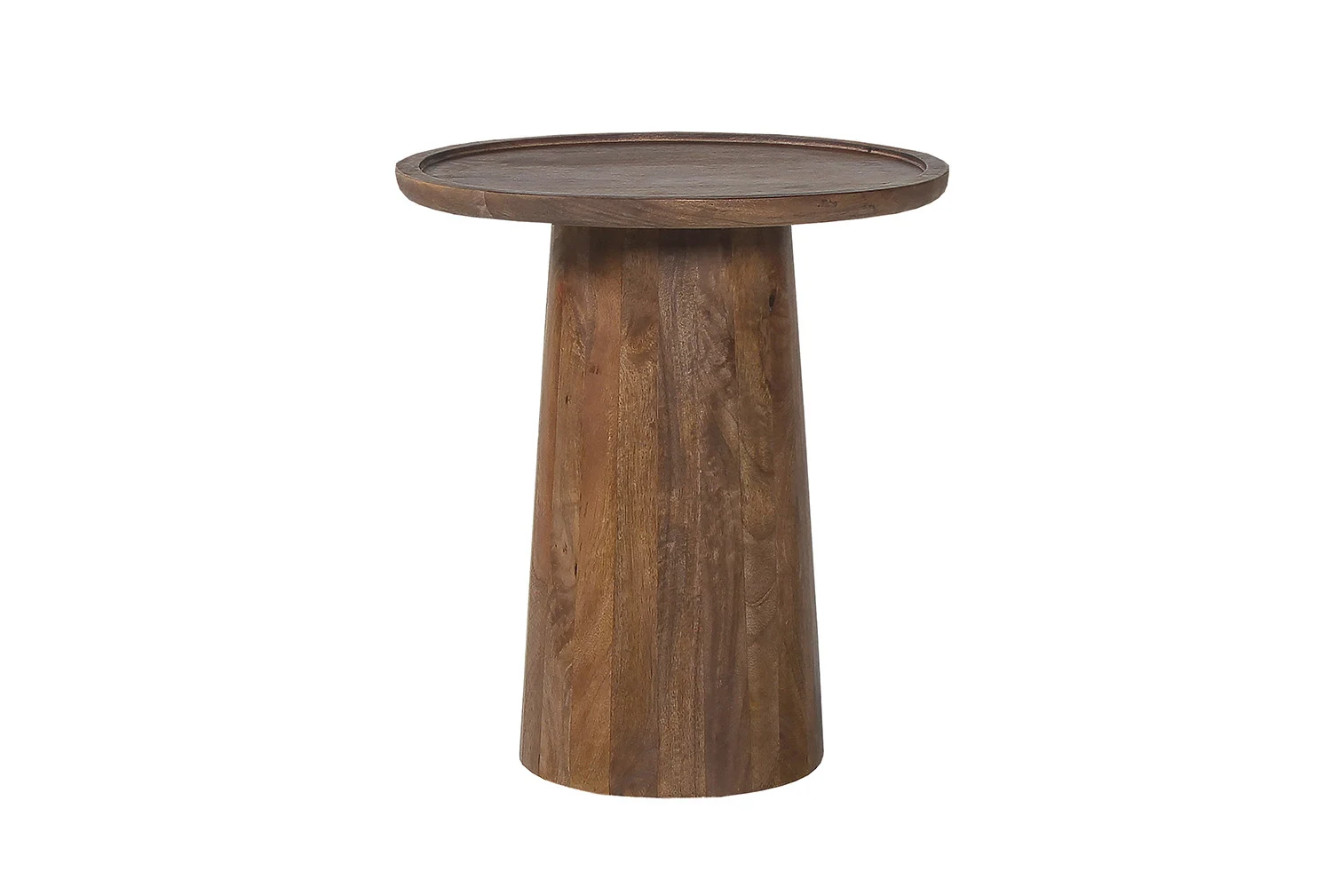 De Salontafel 45 x 50 CM Rond Mangohout is een kleine, ronde bijzettafel gemaakt van natuurlijk mangohout met een licht opstaande rand en een dikke, taps toelopende cilindrische voet, gepresenteerd op een effen witte achtergrond.