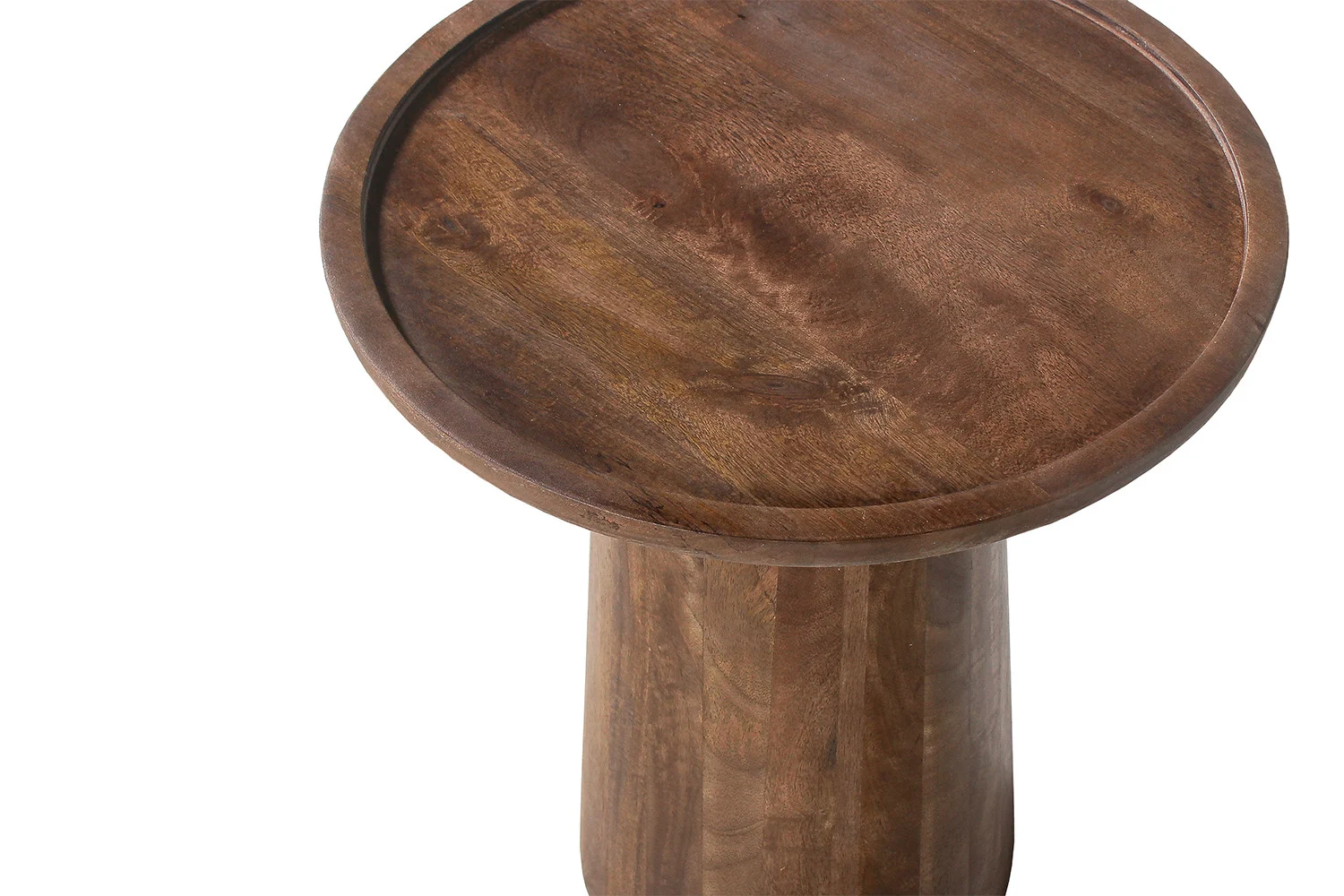 Een close-up van de Salontafel 45 x 50 CM Rond Mangohout, met een glad, rond mangohout oppervlak met natuurlijke nerf, tegen een witte achtergrond.
