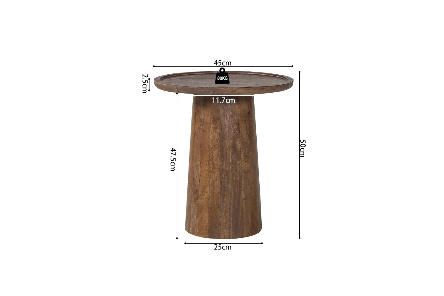 De Salontafel 45 x 50 CM Rond Mangohout is een ronde houten bijzettafel met zichtbare nerf, een breed blad van 45 cm, smaller onderstel van 25 cm, hoogte van 50,5 cm en bladdikte van 2,5 cm. Maximale belasting: 80 kg.