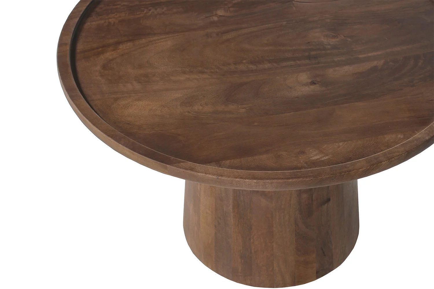 De Salontafel 65 x 40 CM Rond Mangohout is een ronde houten tafel met een dik cilindrisch onderstel, gladde donkerbruine afwerking en een tafelblad met een subtiele opstaande rand.