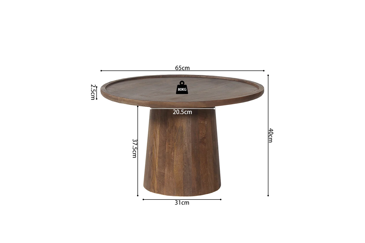 De Salontafel 65 x 40 CM Rond Mangohout heeft een rond houten blad (65cm diameter), een cilindrisch onderstel (31cm diameter, 37.5cm hoogte), een totale hoogte van 40cm, een centrale breedte van 20.5cm en kan tot 80kg dragen.