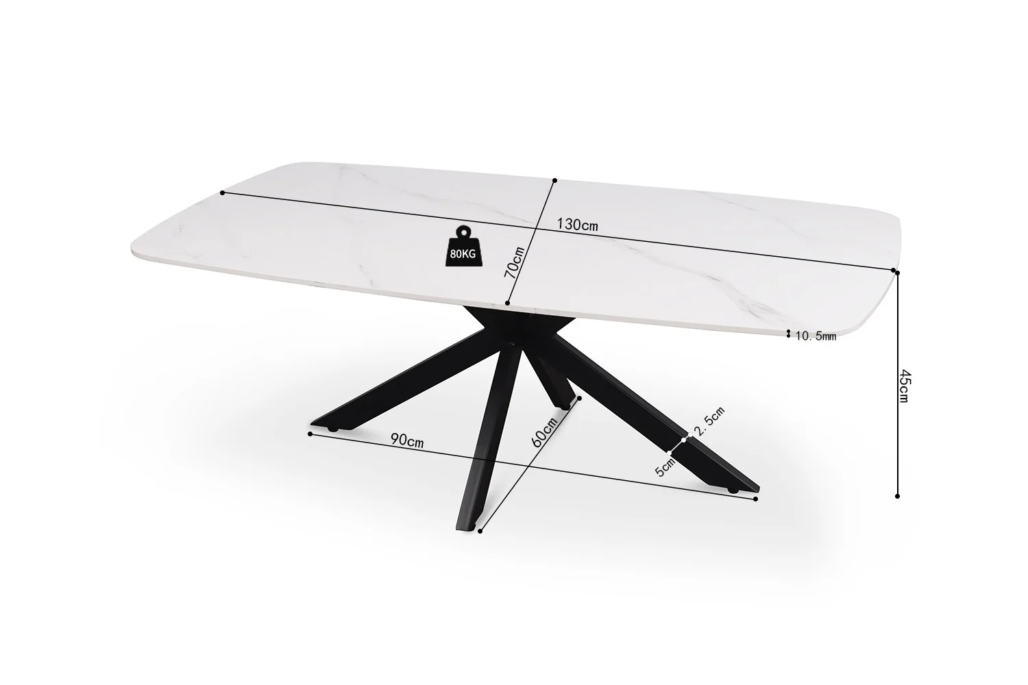 De Salontafel Wit 130 CM Ovaal Steen heeft een wit ovaal stenen blad, zwart metalen poten, gelabeld als 130cm lang, 72cm breed, 45cm hoog, ondersteunt tot 80kg, met basisafmetingen: 90cm, 80cm en 82,5cm.