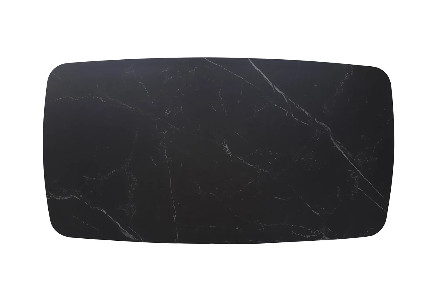 Een ovale zwart marmeren salontafel, 130 cm, met witte adering (Salontafel Zwart 130 CM Ovaal Steen), van bovenaf gezien op een witte achtergrond.