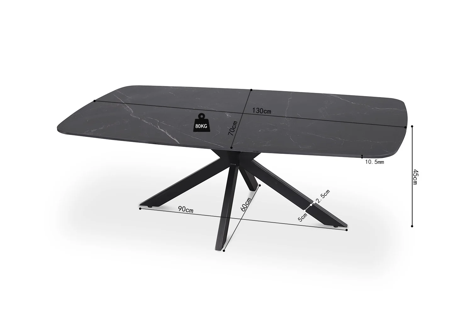 De Salontafel Zwart 130 CM Ovaal Steen is een zwarte ovale salontafel met een marmeren blad, schuine metalen poten en afmetingen 130x70x45 cm (bladdikte 10,5 cm). Hij kan tot 80 kg dragen en heeft gemarkeerde pootafstanden.