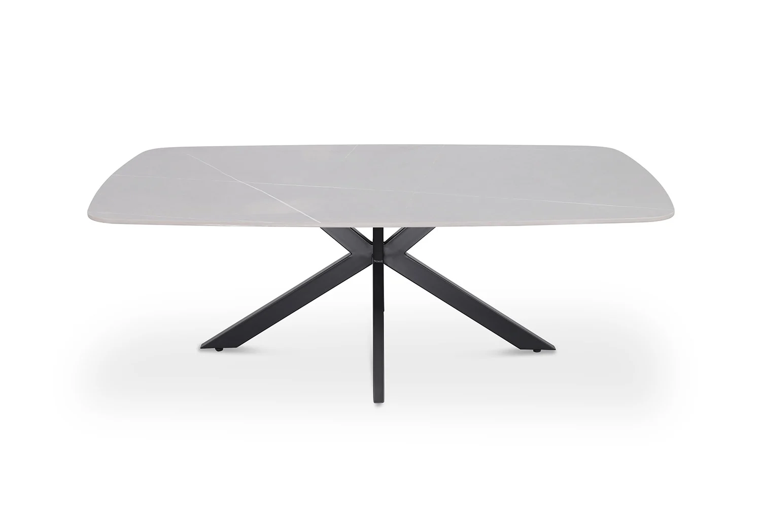Een klassieke ovale salontafel, Salontafel Grijs 130 CM Ovaal Steen, met een lichtgrijs stenen blad en zwart gekruiste metalen poten, tegen een witte achtergrond.