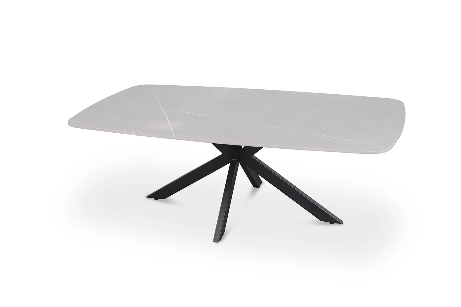 Een klassieke, moderne ovale salontafel-Salontafel Grijs 130 CM Ovaal Steen-met een lichtgrijs stenen oppervlak en zwarte gehoekte metalen poten tegen een effen witte achtergrond.