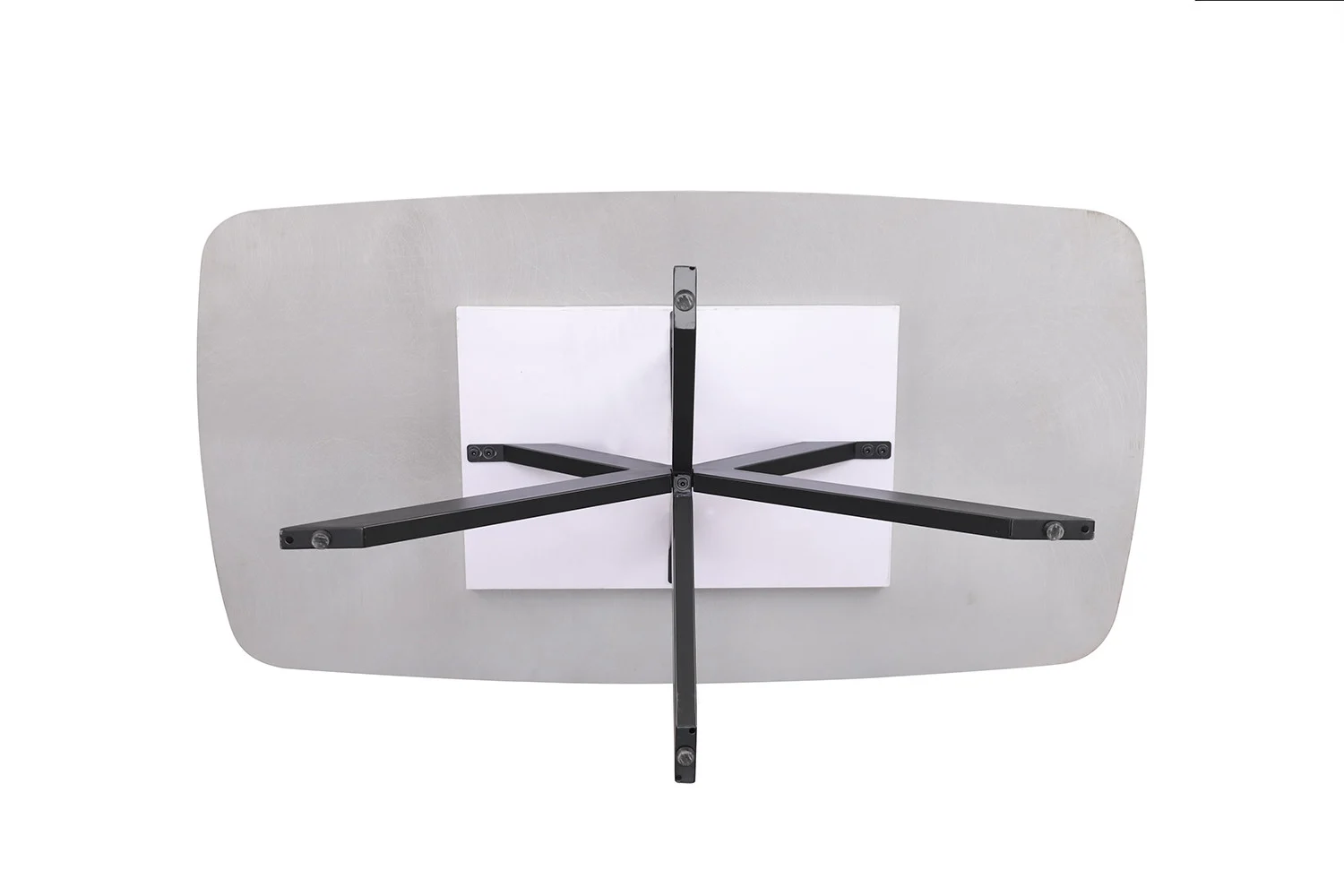 Bovenaanzicht van de Salontafel Grijs 130 CM Ovaal Steen, een klassieke ovale salontafel met een lichtgrijs stenen oppervlak en zwarte metalen poten in een sterretjespatroon, centraal gemonteerd, tegen een effen witte achtergrond.