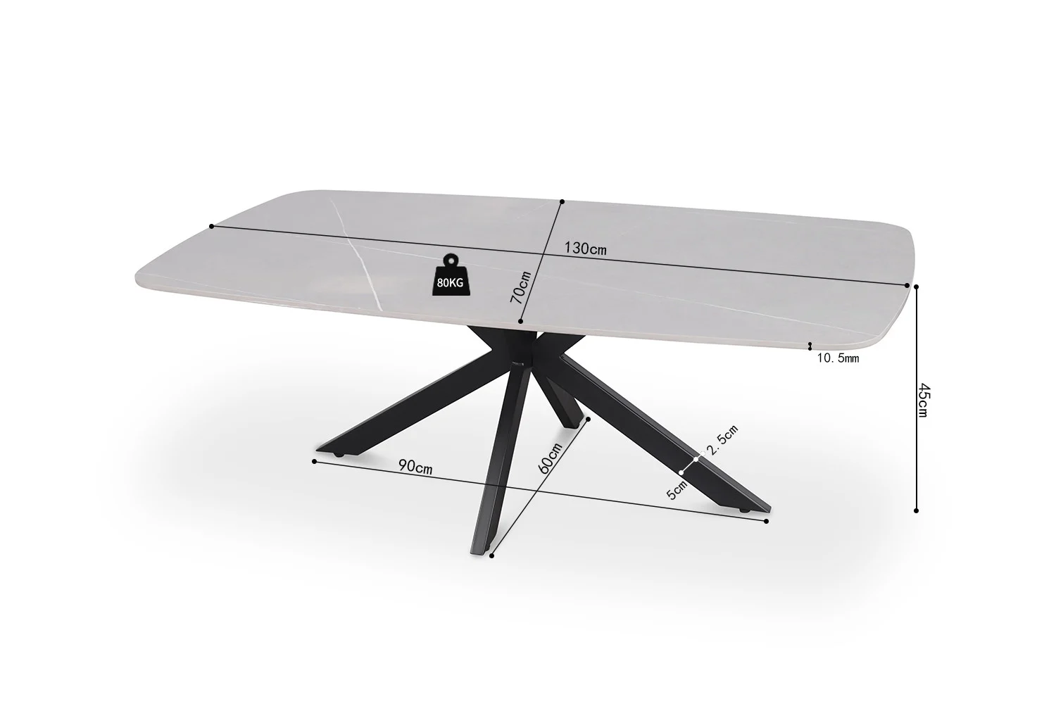 De Salontafel Grijs 130 CM Ovaal Steen is een klassieke salontafel met een grijs blad en zwarte schuine poten. De tafel is 130 cm lang, 70 cm breed en 45,6 cm hoog en kan tot 80 kg dragen. Afstanden tussen poten en randen zijn gemarkeerd.