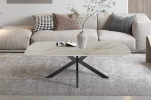 Een moderne woonkamer met een beige bank, gedessineerde en effen kussens, de Salontafel Beige, Roest 130 CM Ovaal Steen als salontafel, een gestreepte vaas met takken en een open boek op een grijs vloerkleed met structuur.