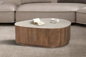De Salontafel Beige 100 CM Travertin, met een lichtgekleurd, uniek gevormd blad en houten onderstel, staat op een beige vloerkleed met textuur. Op de tafel liggen een open boek en een kleine keramieken schaal, met een beige sofa op de achtergrond.