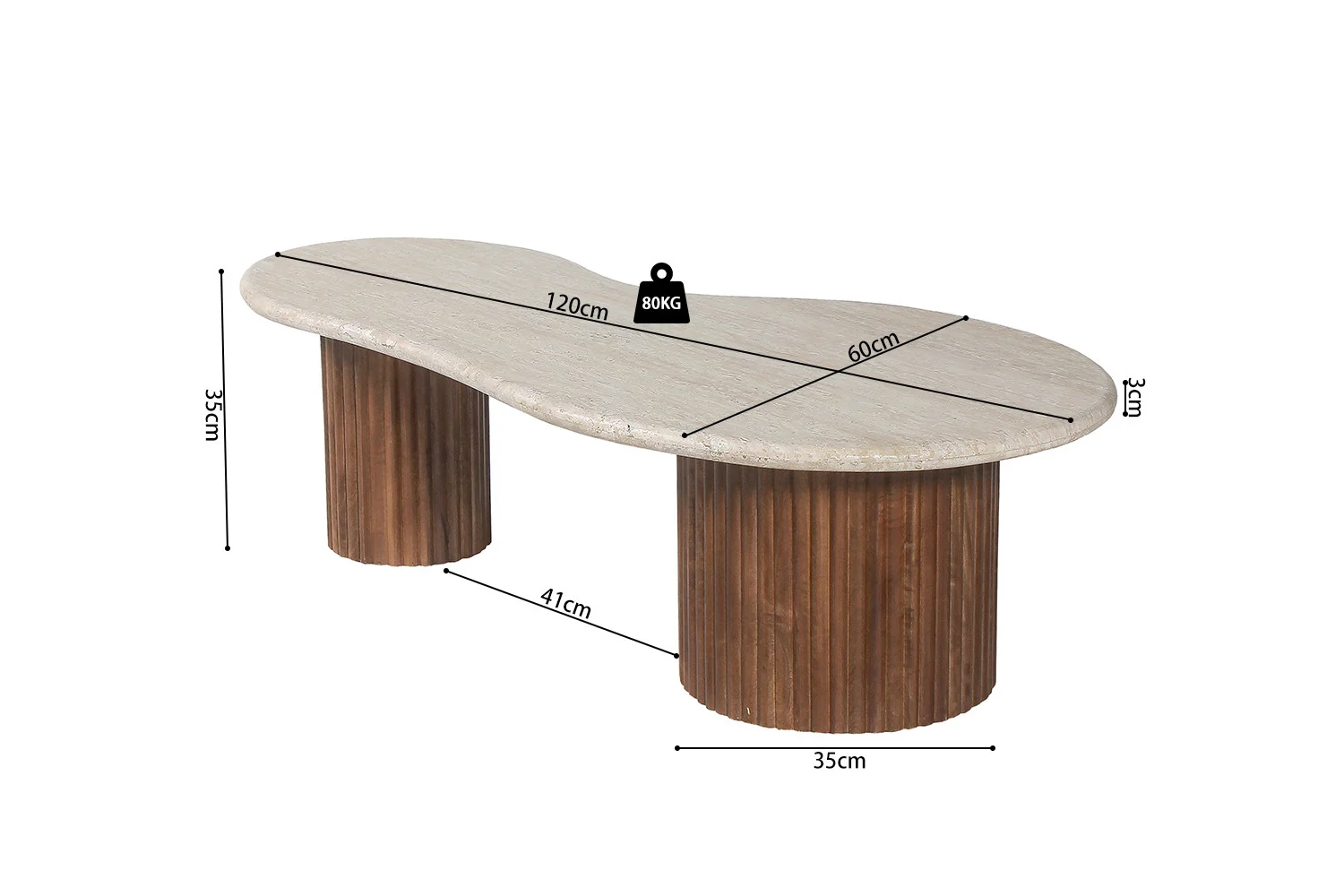 De Salontafel Beige 120 CM Travertin heeft een modern beige gebogen blad en twee cilindrische, geribbelde houten poten. Afmetingen: 120x60 cm, pootdiameters 41 cm en 35 cm, hoogte 35 cm. Gewicht: 80 kg.