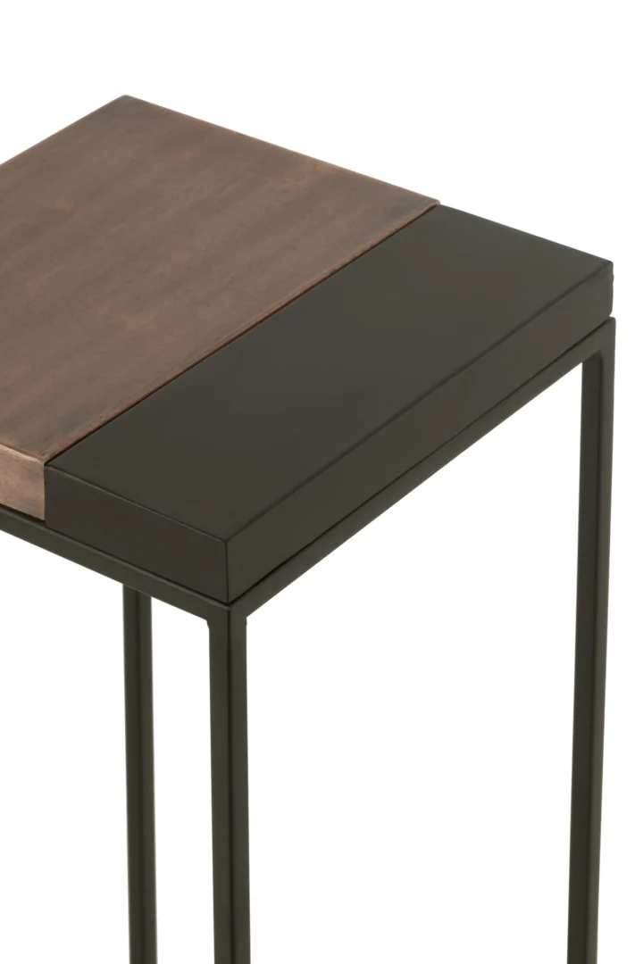 De Bijzettafel Zwart, Brons 41 x 41 CM Ijzer is een moderne bijzettafel met een zwart metalen frame en een rechthoekig blad van donker hout en zwarte delen, ontworpen met strakke, minimalistische lijnen voor een strakke uitstraling.