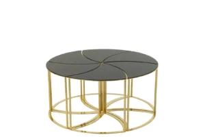 De Bijzettafel 100 x 48 CM Vierkant Metaal is een vierkante salontafel met een goud metalen frame, een zwart glazen blad verdeeld in vijf segmenten en een open geometrisch onderstel.