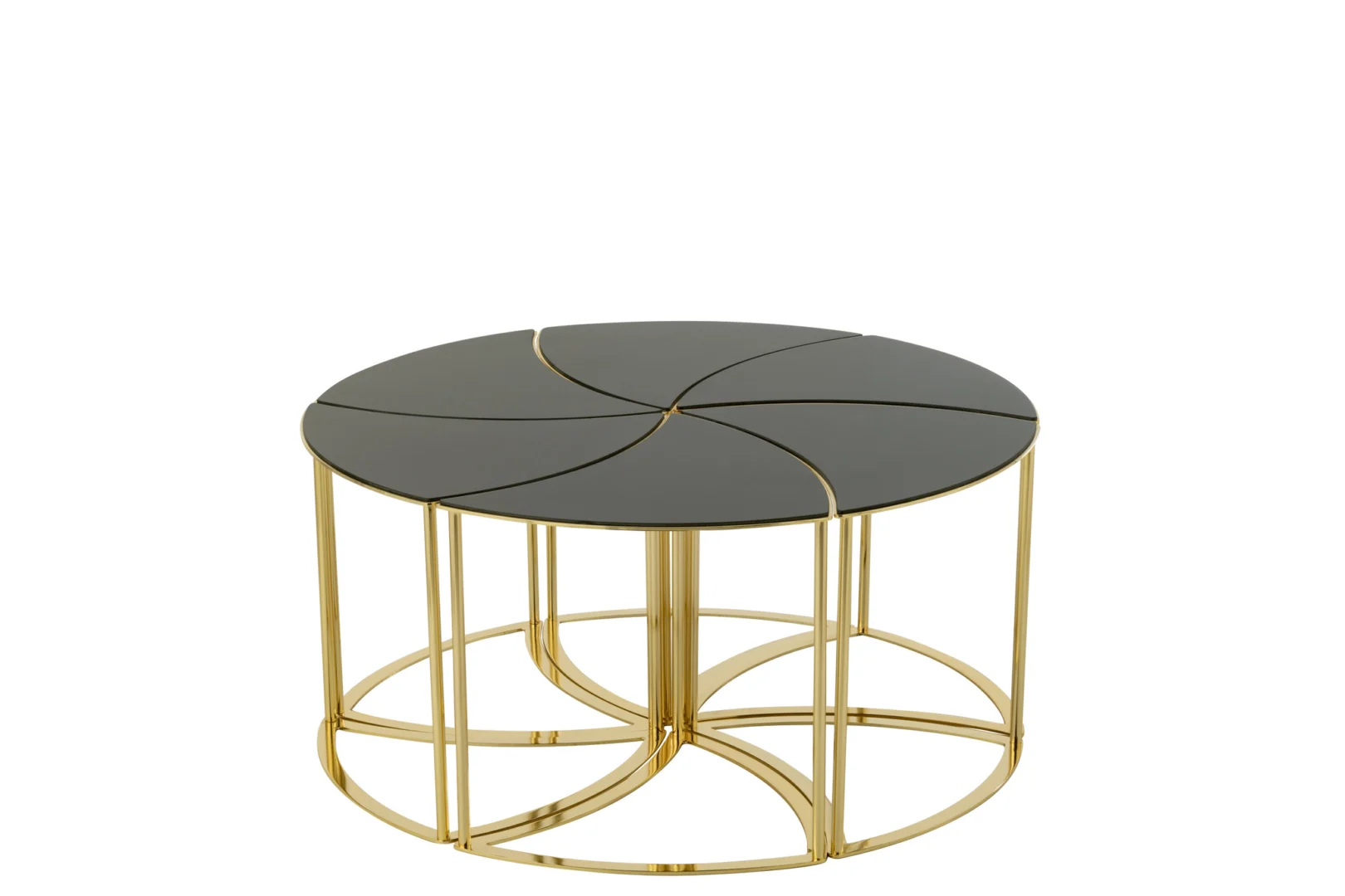 De Bijzettafel 100 x 48 CM Vierkant Metaal is een vierkante salontafel met een goud metalen frame, een zwart glazen blad verdeeld in vijf segmenten en een open geometrisch onderstel.