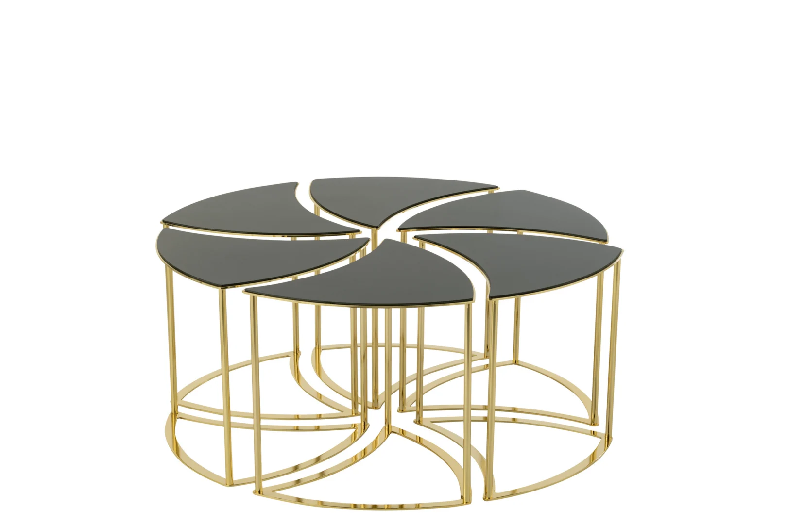 De Bijzettafel 100 x 48 CM Vierkant Metaal is een moderne salontafel met vier zwarte, halfronde glazen delen met een goudkleurig metalen frame. Elk deel kan apart worden gebruikt.