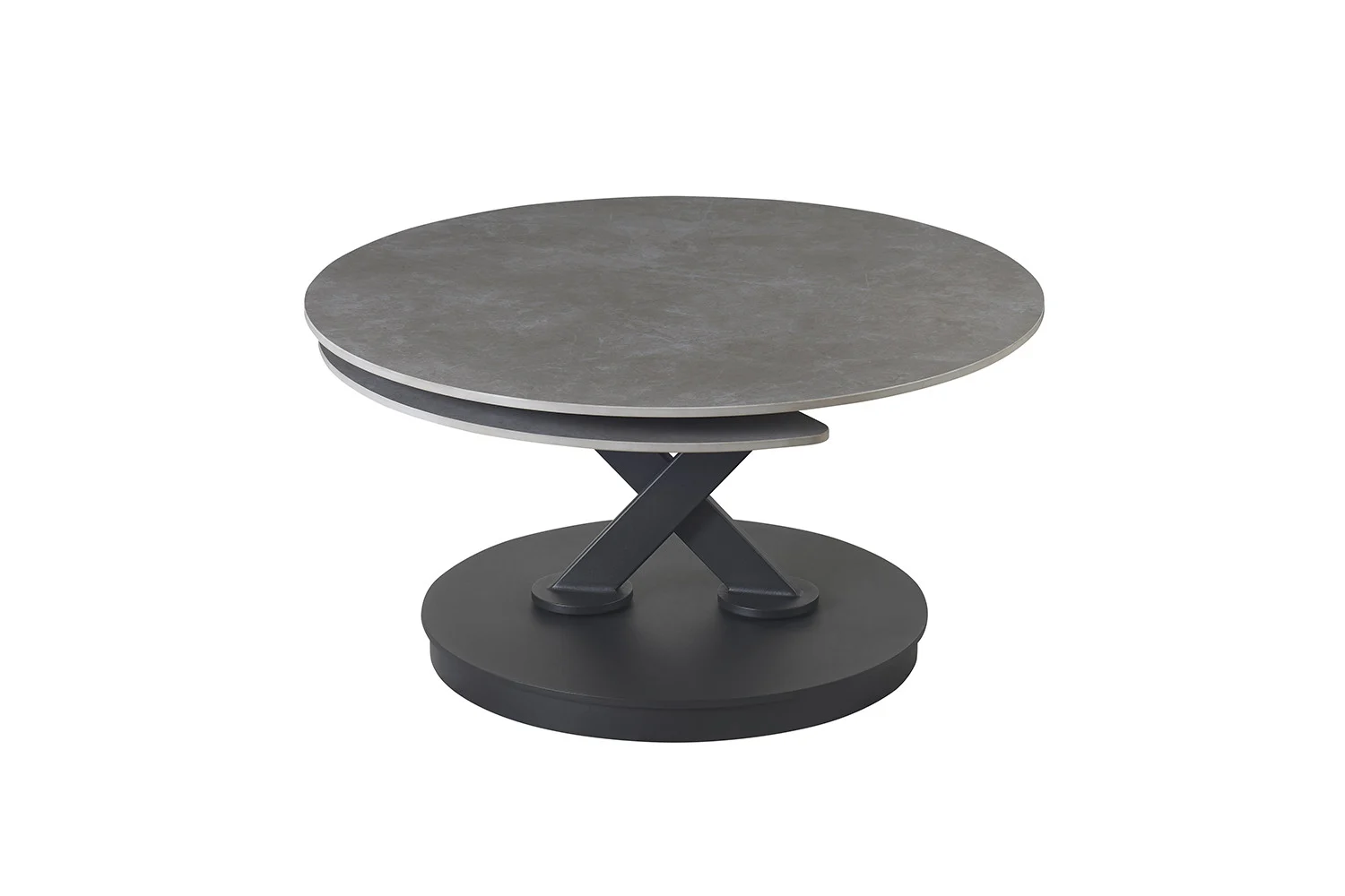 De Salontafel Lichtgrijs, Roest Rond Steen heeft een modern rond ontwerp met een lichtgrijs steenachtig blad, zwarte X-vormige steun en ronde zwarte voet, tegen een witte achtergrond.