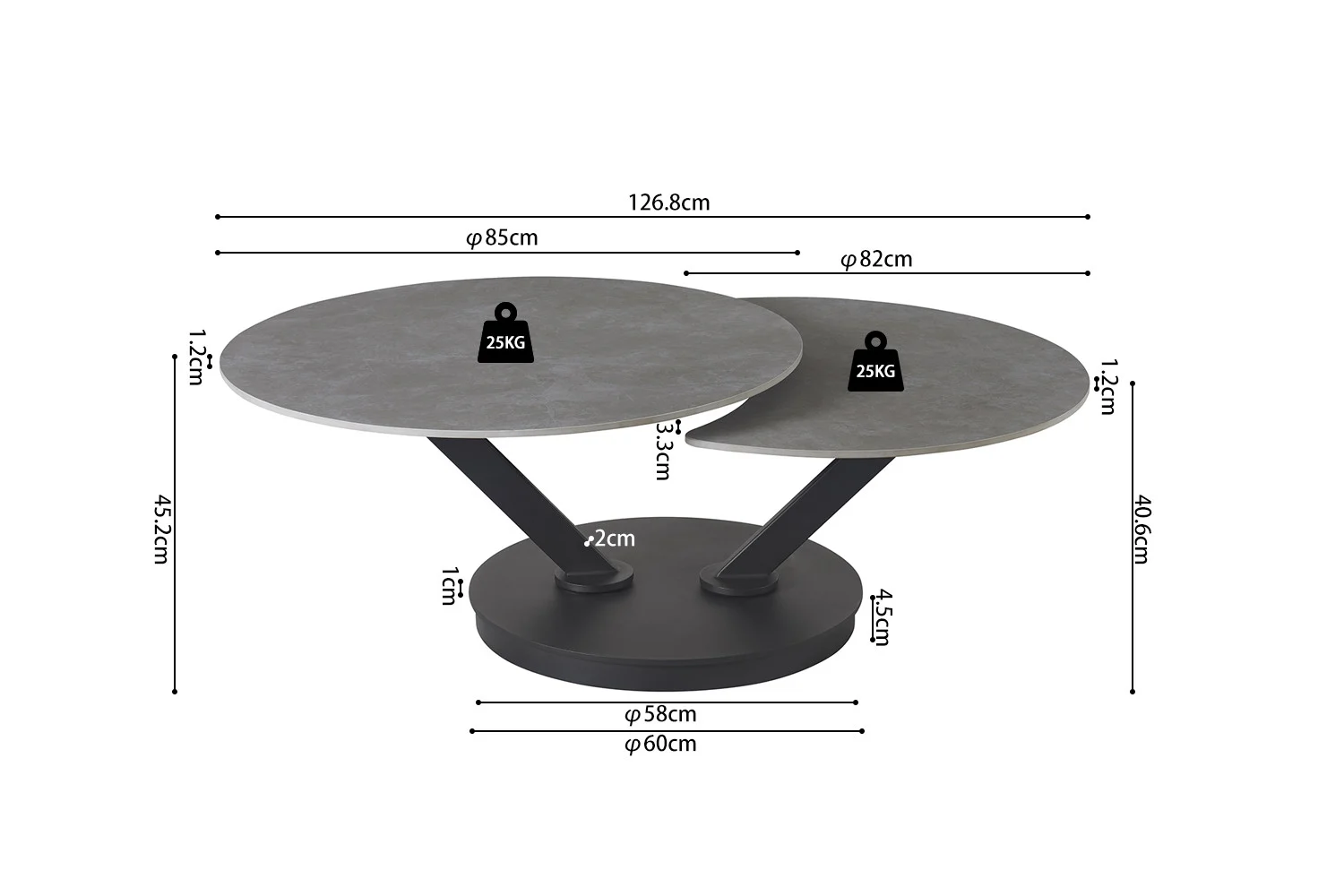 De Salontafel Lichtgrijs, Roest Rond Steen heeft twee ronde grijze tafels op een zwart onderstel: links-85cm diameter, 45,2cm hoog; rechts-82cm diameter, 40,6cm hoog. Elke tafel kan tot 25kg dragen.