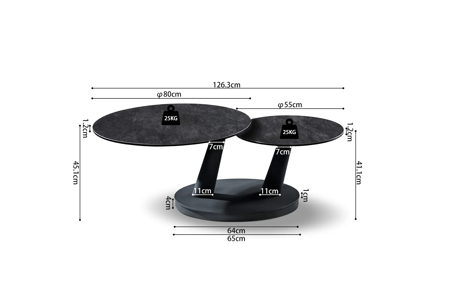 De Salontafel Donkergrijs, Roest Rond Steen heeft twee ronde verstelbare tafelbladen (80 cm & 55 cm diameter; hoogtes 45,1 cm & 41,1 cm) op een gedeeld onderstel, die elk tot 25 kg kunnen dragen. Afmetingen en afmetingen zijn gelabeld.