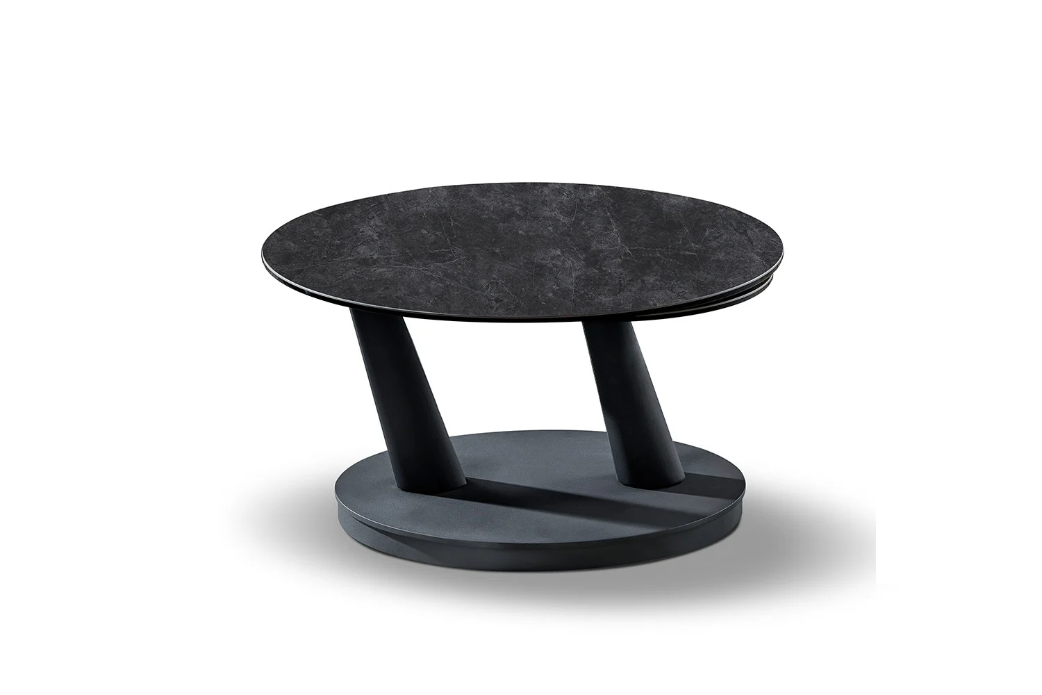 De Salontafel Donkergrijs, Roest Rond Steen is een moderne ronde donkergrijze bijzettafel met een marmeren blad, twee schuine cilindrische poten en een massief rond onderstel, tegen een effen witte achtergrond.