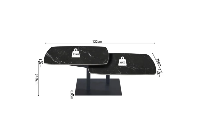 Salontafel Zwart Rond Steen: Zwarte salontafel met twee niveaus en marmeren oppervlakken. Bovenste etage: 122 cm; onderste etage is 19 cm korter. Kan elk 25kg dragen. Tafelhoogte: 35,5cm; voet: 0,6cm. Afmetingen getoond in afbeelding.