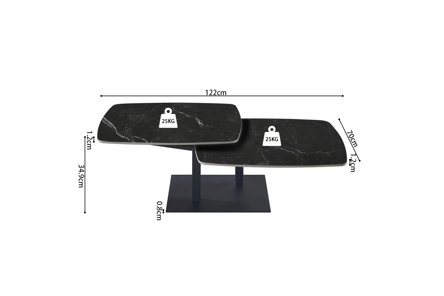 Salontafel Zwart Rond Steen: Zwarte salontafel met twee niveaus en marmeren oppervlakken. Bovenste etage: 122 cm; onderste etage is 19 cm korter. Kan elk 25kg dragen. Tafelhoogte: 35,5cm; voet: 0,6cm. Afmetingen getoond in afbeelding.