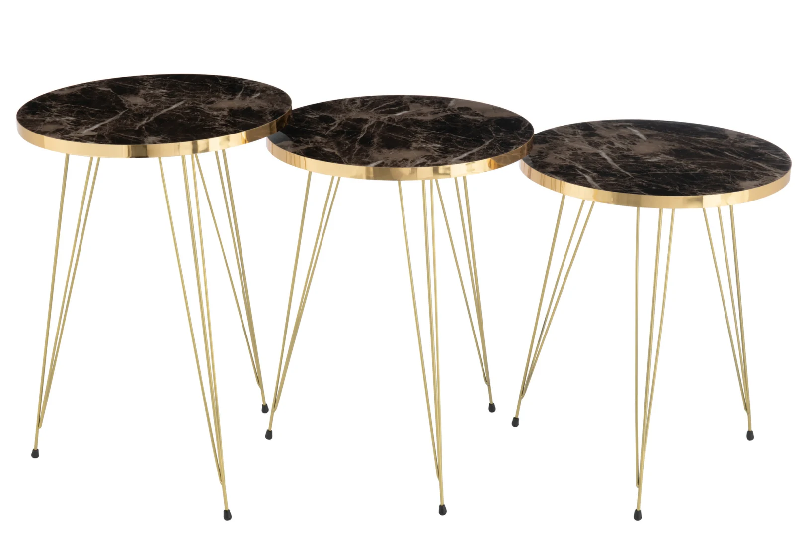 Drie metalen bijzettafels van Bijzettafel Zwart, Wit 38 x 38 CM met donkere ronde bladen en slanke gouden poten, naast elkaar geplaatst op verschillende hoogtes.