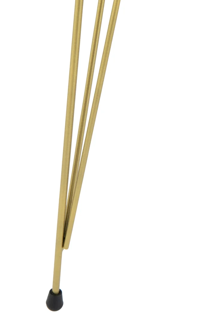 Drie gouden metalen staven die aan de bovenkant met elkaar verbonden zijn, lopen taps toe naar een enkele zwarte rubberen punt en vormen de poot van de Bijzettafel Zwart, Wit 38 x 38 CM Metaal, afgebeeld tegen een witte achtergrond.