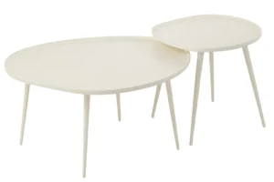 De Bijzettafel Wit 38 CM Aluminium heeft moderne witte nesttafels met afgeronde driehoekige bladen en slanke, taps toelopende poten, waarbij de kleinere tafel gedeeltelijk onder de grotere tafel past.