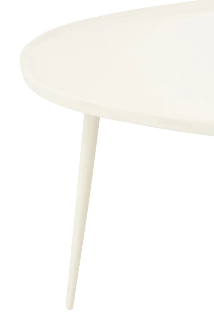 Een close-up van de rand en een poot van de Bijzettafel Wit 38 CM Aluminium, een ronde witte tafel tegen een effen achtergrond.