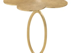 De Bijzettafel Tiana Aluminium Goud is een moderne, decoratieve gouden bijzettafel met een gestructureerd bloemvormig blad, ovale centrale steun en ronde basis.