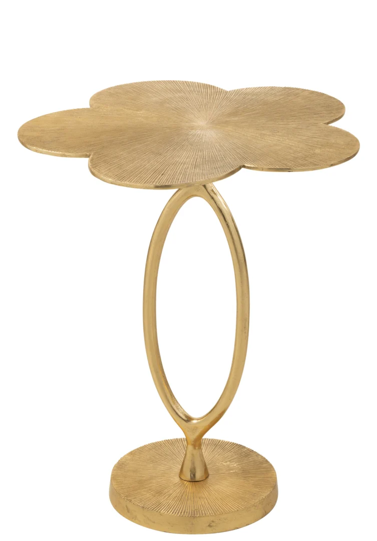 De Bijzettafel Tiana Aluminium Goud is een moderne, decoratieve gouden bijzettafel met een gestructureerd bloemvormig blad, ovale centrale steun en ronde basis.