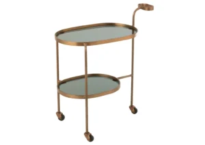 De Bijzettafel Zwart, Brons Ovaal Ijzer is een goudkleurige barkar van metaal en glas met twee ovale planken, vier wielen en een handig handvat aan de zijkant.