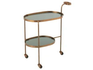 De Bijzettafel Zwart, Brons Ovaal Ijzer is een goudkleurige barkar van metaal en glas met twee ovale planken, vier wielen en een handig handvat aan de zijkant.