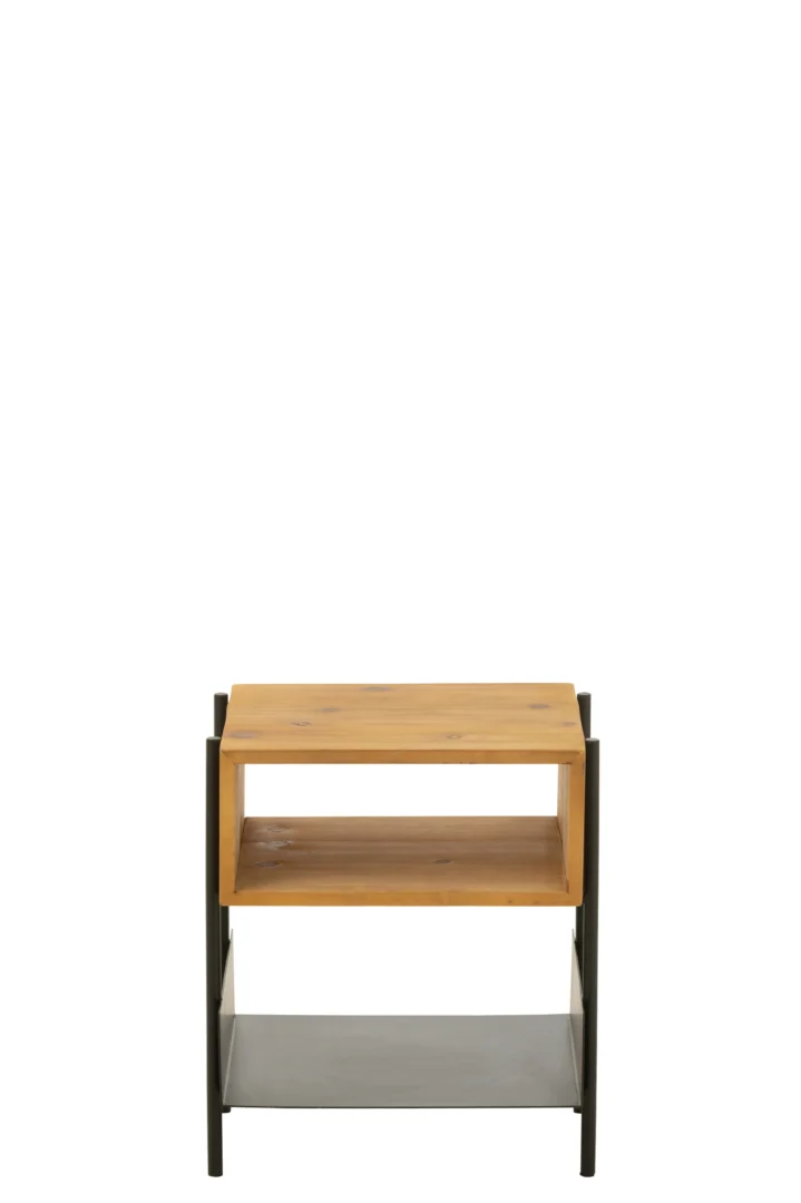 Het Nachtkastje Zwart Glas Industrieel is een compacte, moderne bijzettafel (42x35x48 cm) met een strak zwart glazen blad, een centrale houten plank en stevige zwarte metalen poten voor een industriële look.