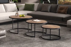 De Salontafel Mangohout Klassiek, met drie ronde houten tafels met een zwart metalen onderstel, staat voor een moderne sofa met neutrale kussens in een eigentijdse woonkamer. Een vaas, appels en een boek versieren de tafels.