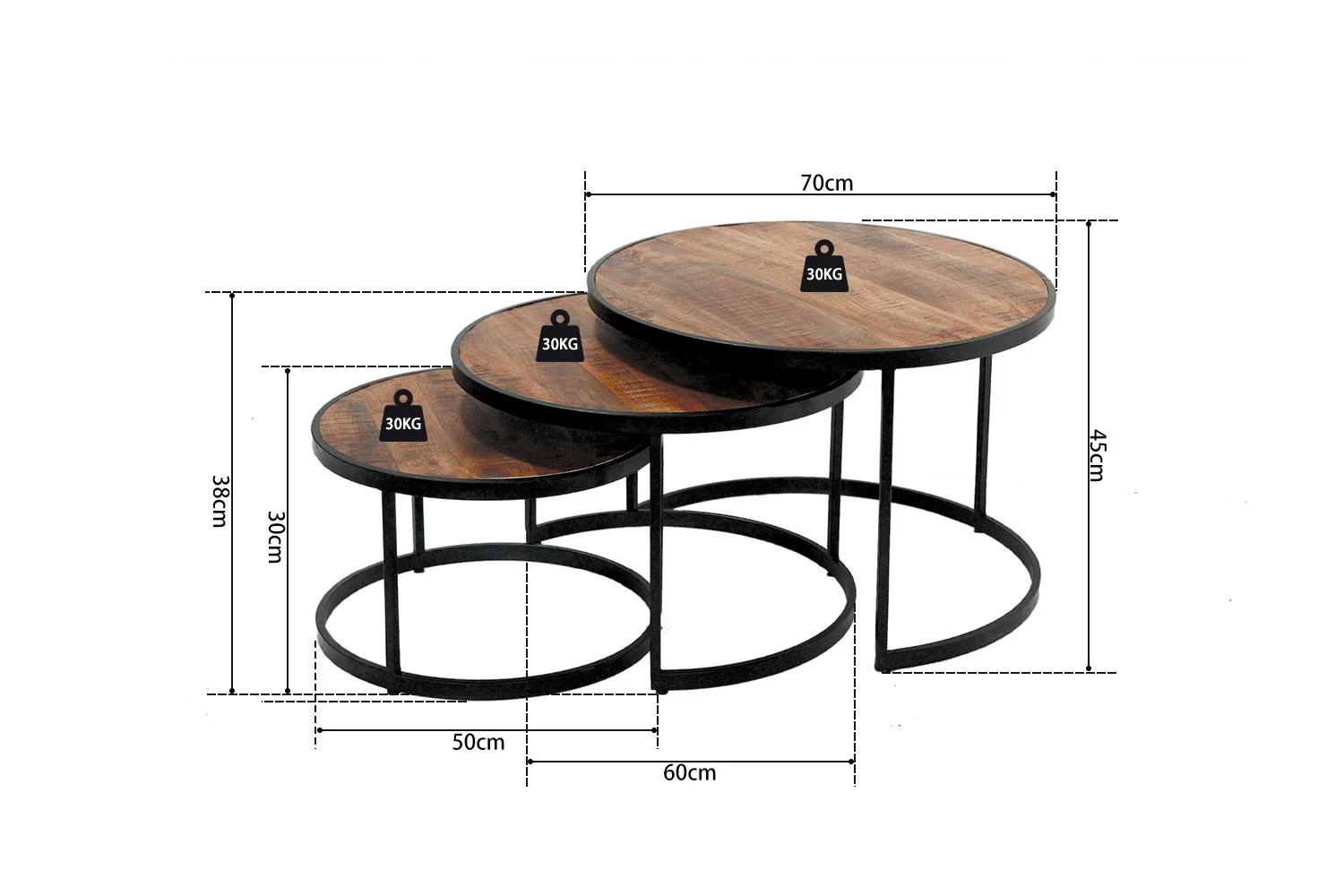 De Salontafel Mangohout Klassiek bestaat uit drie ronde nesttafels met zwarte metalen frames en mangohouten bladen (50x38cm, 60x40cm, 70x45cm), die elk tot 30kg kunnen dragen. De tafels kunnen op elkaar gestapeld worden om ruimte te besparen.