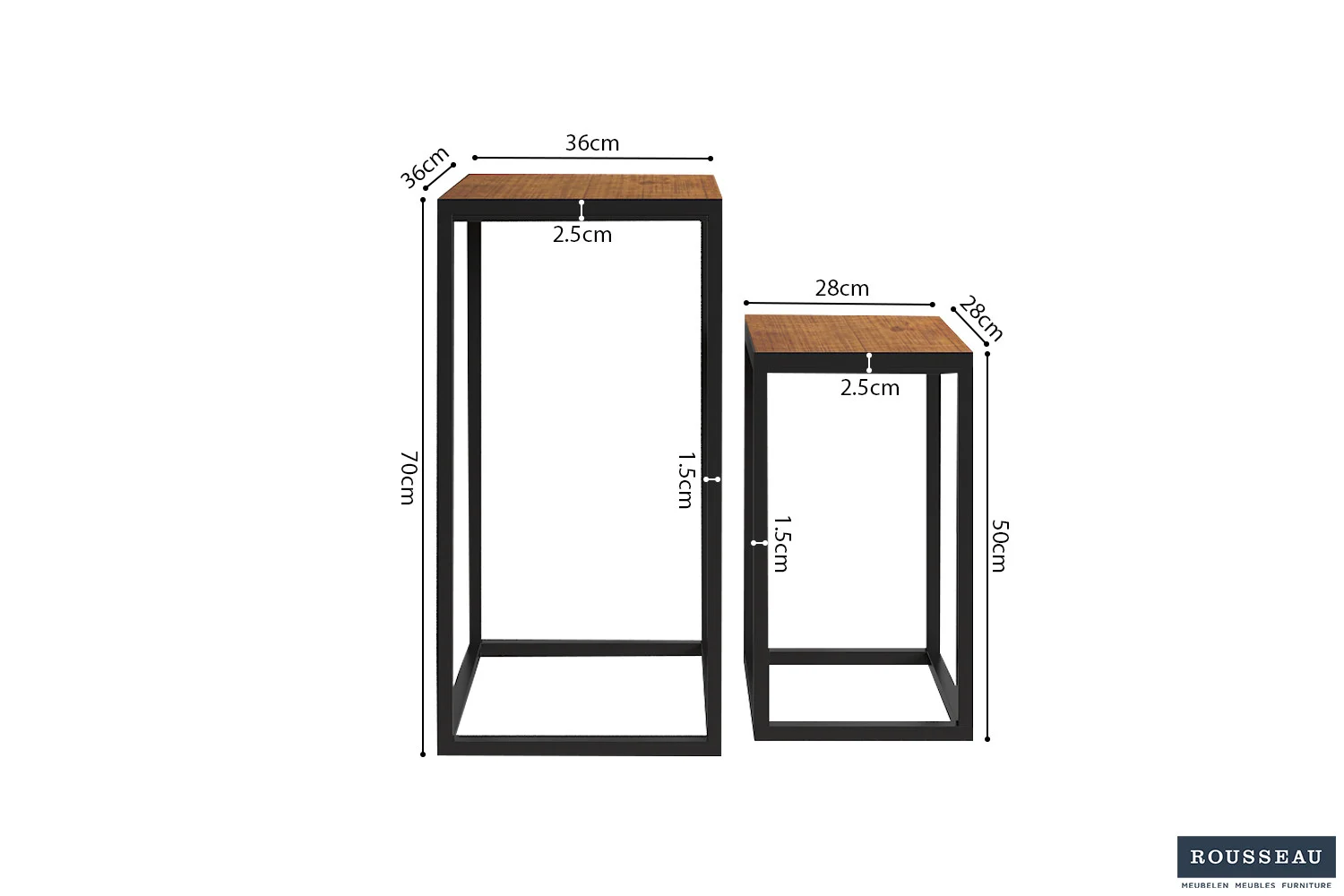 De 'Madeira' 2-delige bijzettafels zijn gemaakt van mangohout en zwart metaal. De lange tafel is 70x36x36cm, de korte 50x28x28cm. Beide hebben dunne holle frames en houten bladen.
