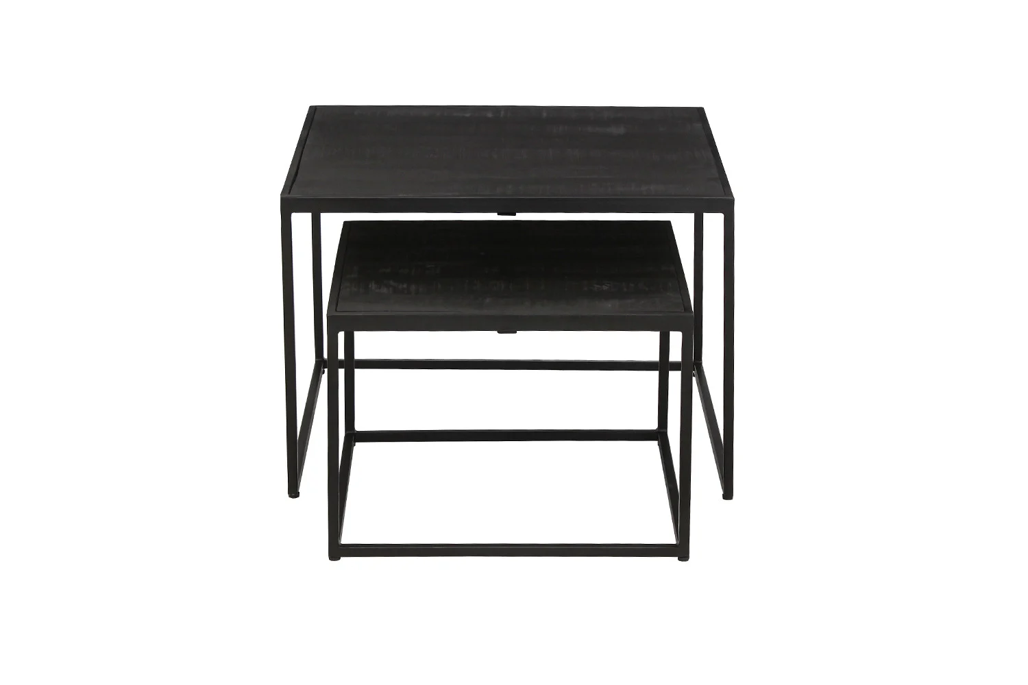Salontafel Zwart Mangohout Compact bestaat uit twee zwarte vierkante nesttafels met slanke metalen frames; de kleinere tafel is gedeeltelijk onder de grotere tafel geplaatst, beide op een effen witte achtergrond.