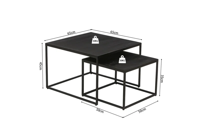 De Salontafel Zwart Mangohout Compact bestaat uit twee zwarte vierkante nesttafels met metalen frames (65x65x45cm en 50x50x35cm), elk gelabeld met een gewichtslimiet van 30kg, die samen worden geplaatst.