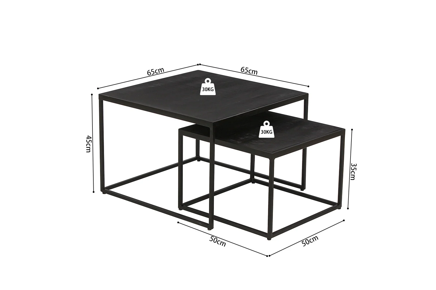 De Salontafel Zwart Mangohout Compact bestaat uit twee zwarte vierkante nesttafels met metalen frames (65x65x45cm en 50x50x35cm), elk gelabeld met een gewichtslimiet van 30kg, die samen worden geplaatst.
