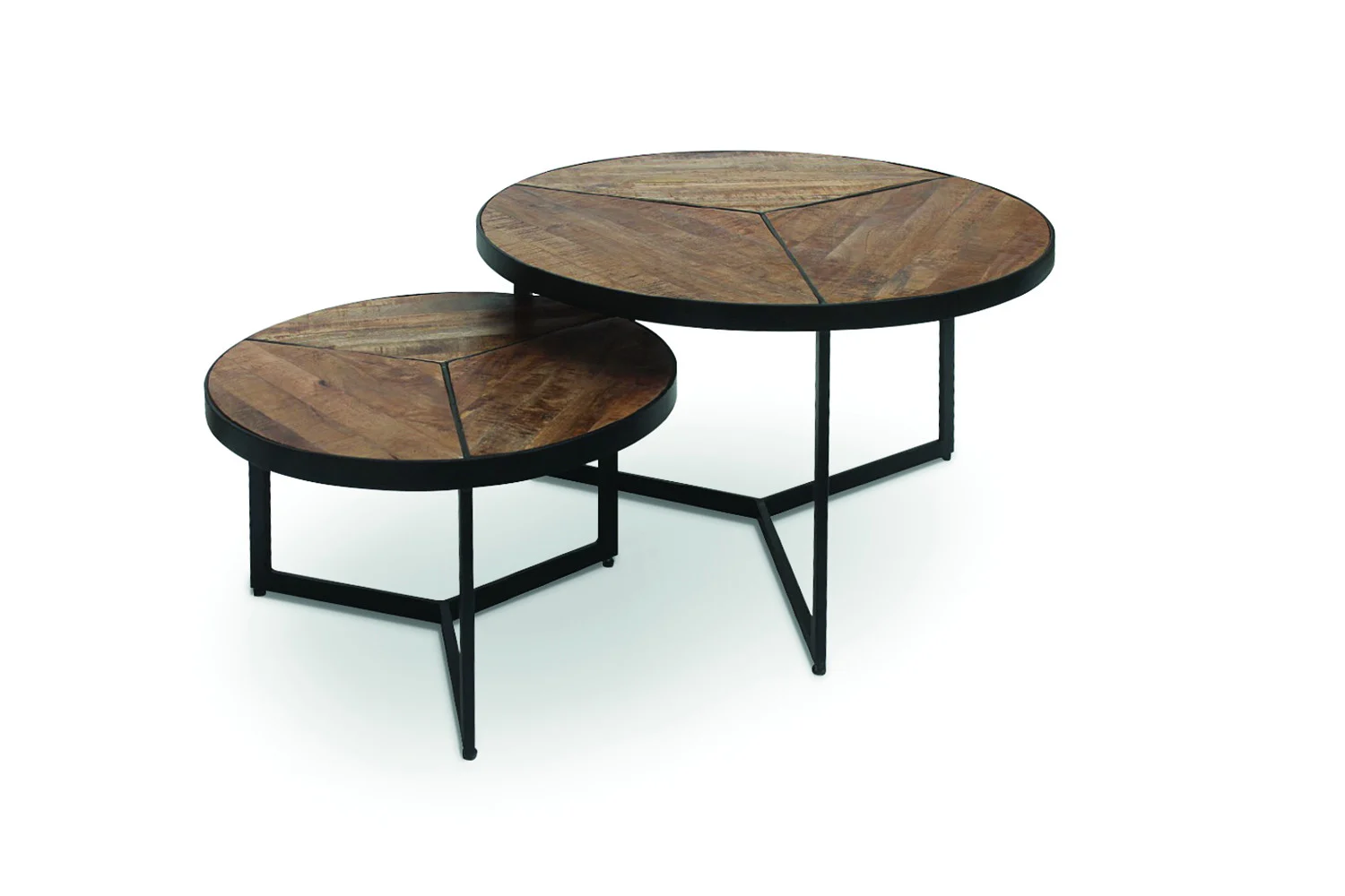 De Salontafel Mangohout Compact bestaat uit twee ronde geneste salontafels met geometrische mangohouten bladen en zwarte metalen poten, waarbij de grotere tafel de kleinere iets overlapt, tegen een witte achtergrond.